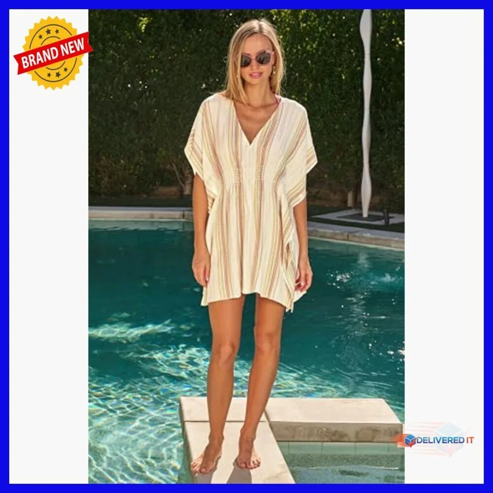 Long Sleeve Flutter Tunic Coverup with V-Neck and Metallic Stripes